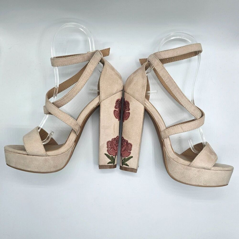 Charlotte Russe Rose Embroidered Platform Heels Tan Size 7 Strappy - Picture 9 of 11